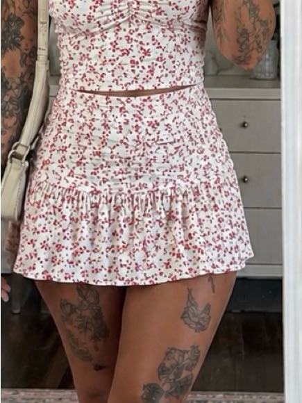 Ganni Cream Mini Skirt With Red Floral Print And Ruffle Hem